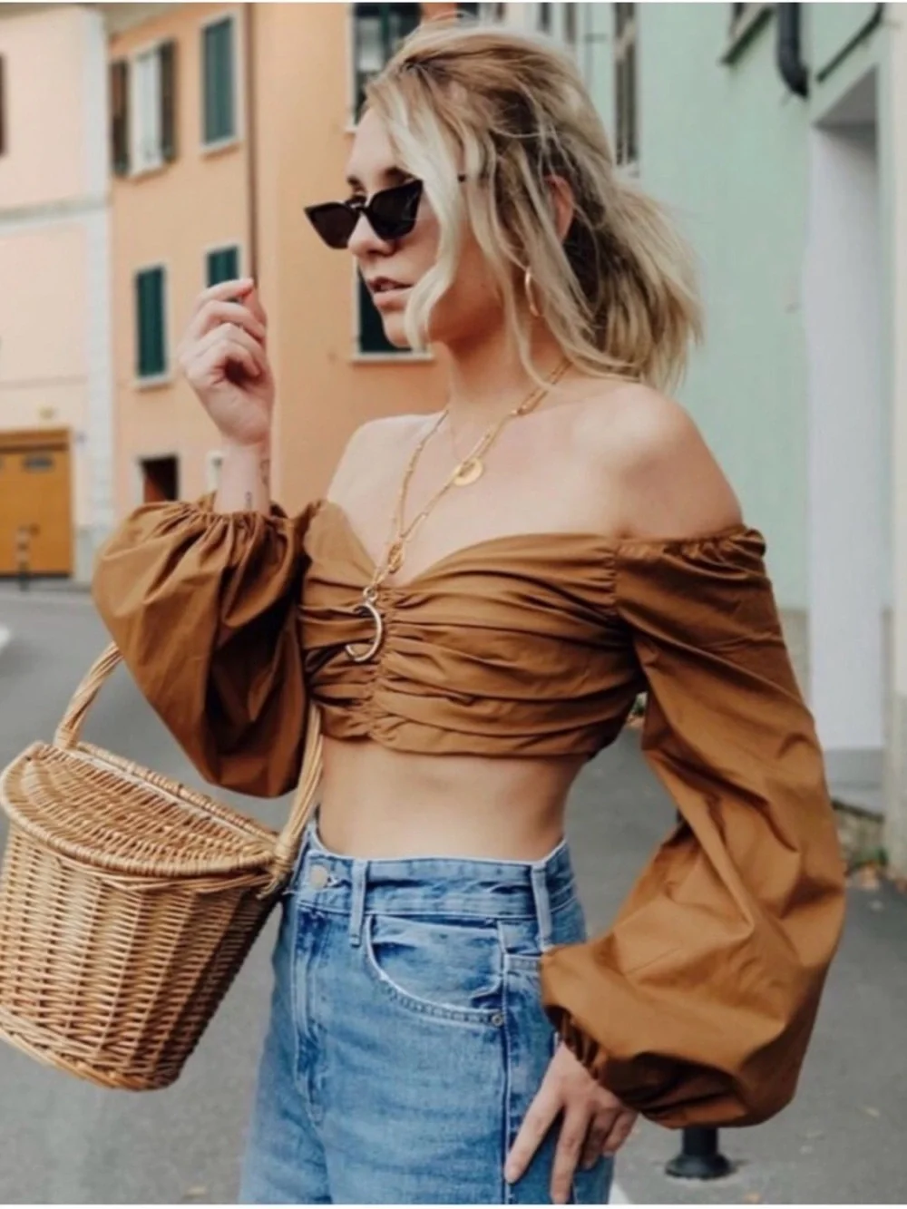 Zara Studio Pecan Brown Gathered Crop Top Balloon Sleeve Top Shirt Blouse NWT